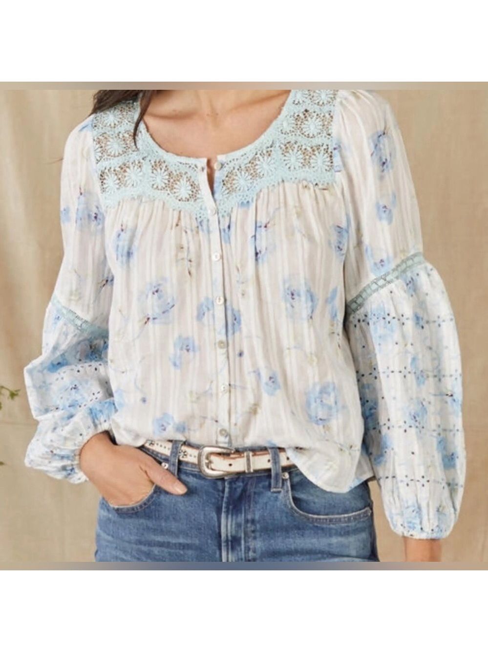 LoveShackFancy Belle Revival Blue Floral Puff Sleeve Cotton Blouse size medium